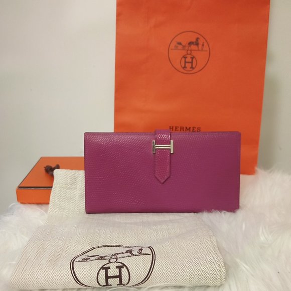 Hermes Handbags - Astounding EUC Hermes LIZARD Bearn Long Wallet Full Inclusion + Bag! Magenta